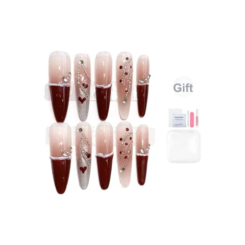 Yun Yue Joe Французский Flashy Sparkly Вино Stain Цвет коньяка False Nail Tapered Длинный Burgundy Gradient Instagram Style 40mm