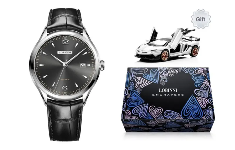 LOBINNI L High-End Taste Men's Wrist Watch Automatic Mechanical Movement Cowhide Strap Watch Men Silver Dial-5