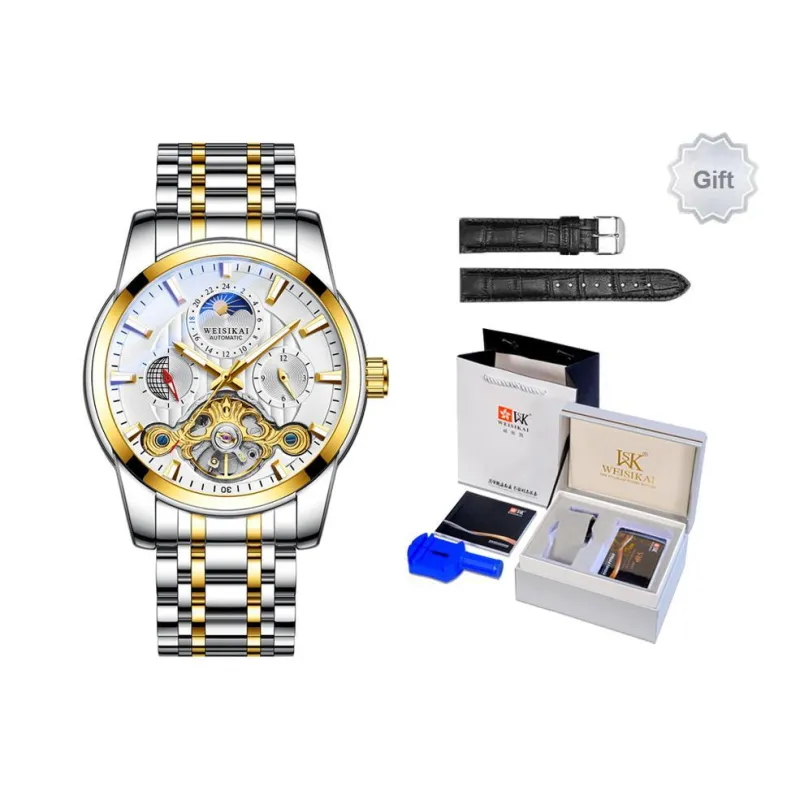 WSK Mechanical Movement Steel Strap Men's Watches White Dial-5