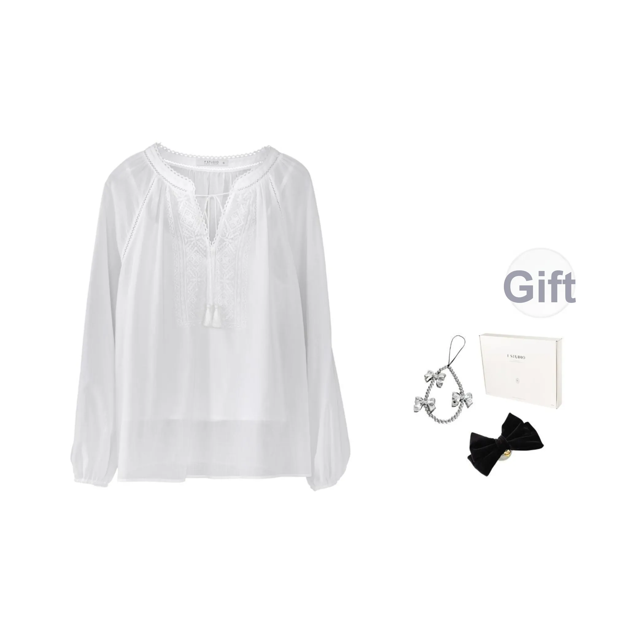 Fstudio Корейский стиль V-образный вырез Pure Cotton Кружевная отделка Вышивка Длинный рукав Рубашка Женская Белая