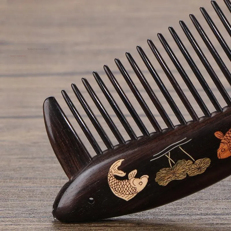 XIBI African Blackwood Wood Inlaid Fish And Snail Mother-of-Pearl Work Wooden Comb Straight Hair-4