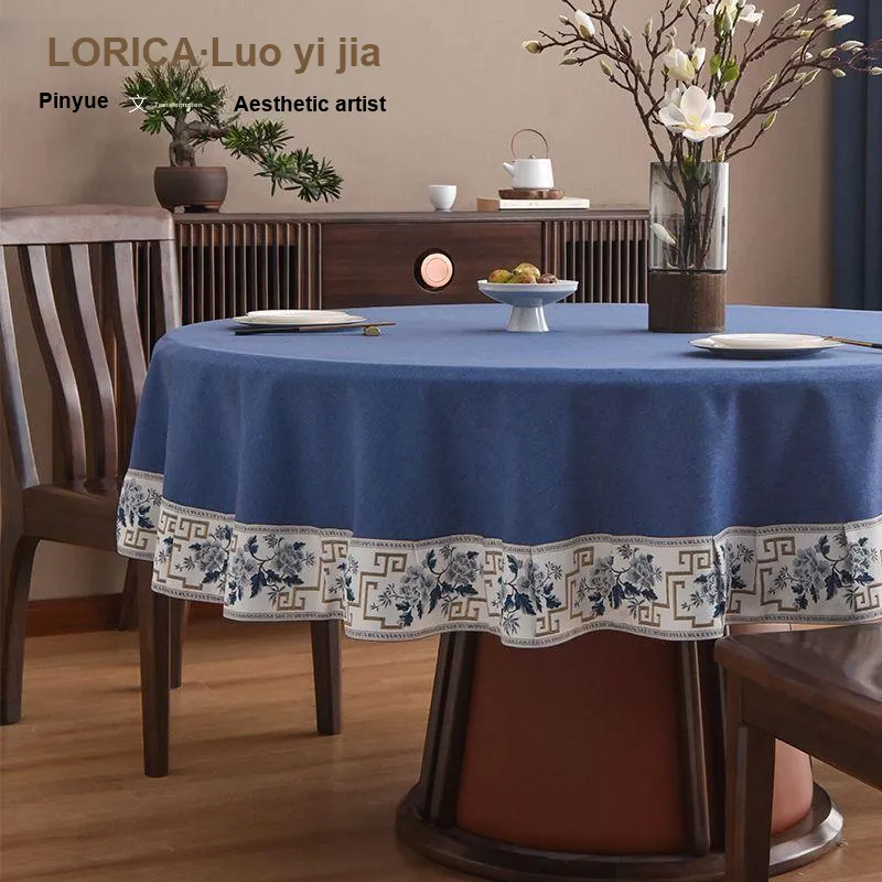 LUOYIJIA Fabric Ambient New Chinese Style Waterproof No Wash Fabric Large Round Dining Table For Home Use-6