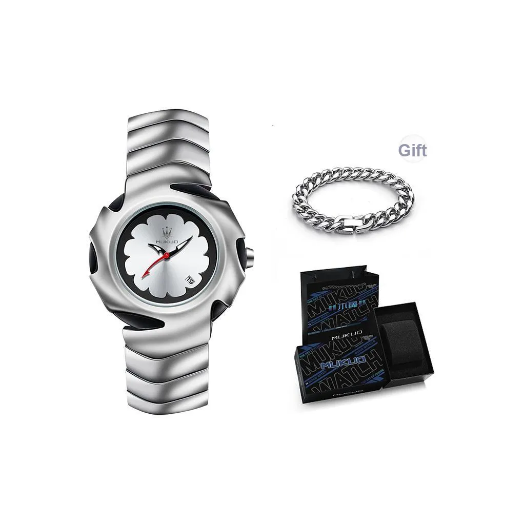 MUKUO Vintage Y2K Style Blade 2 Кварцевый механизм Нержавеющая сталь Ремешок Часы Мужские Белый циферблат