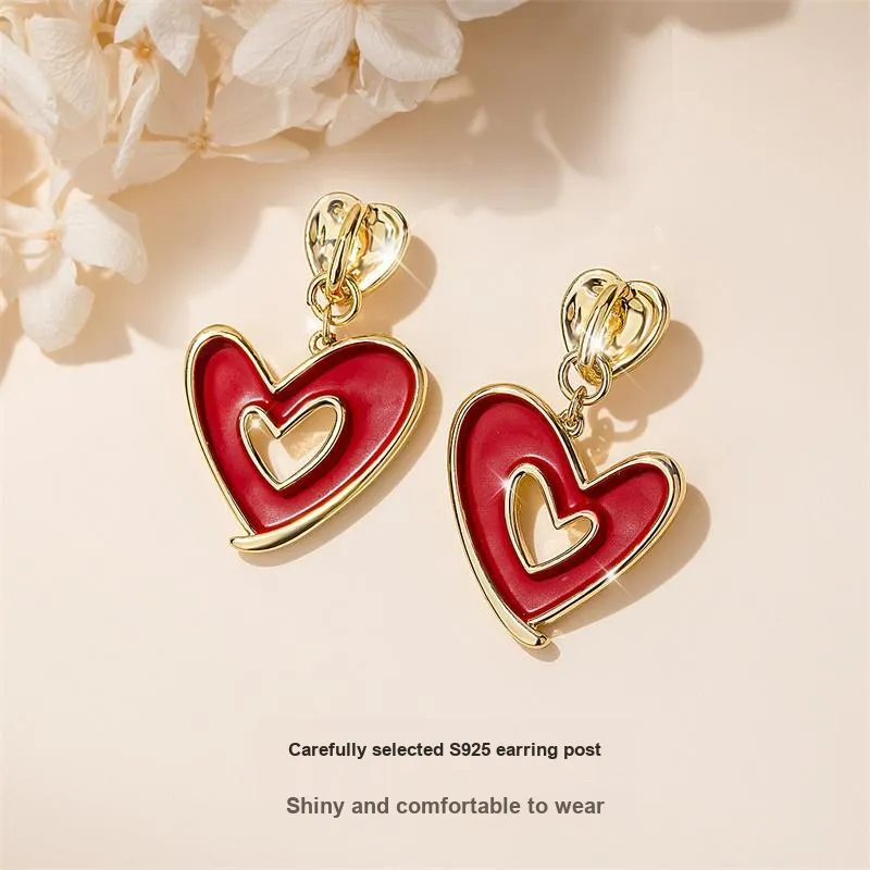 QLADY S925 Silver Stud Earrings Women's Red-3