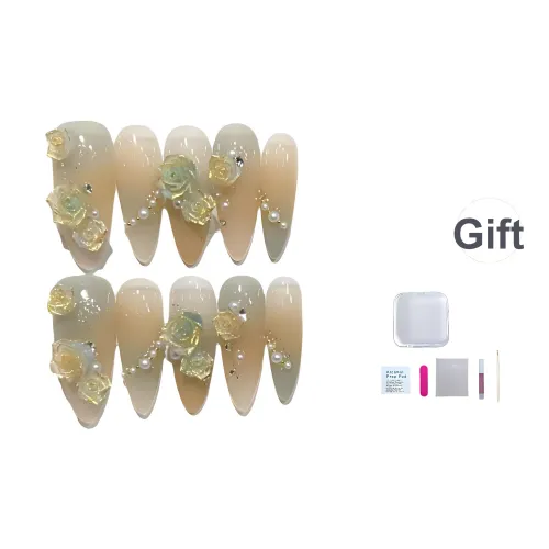 JIDUOMENG Цветочный Sea False Nail Ручной Премиум Fake Nails Патч Роскошь Красота Миндаль Стекло Розовый Градиентный