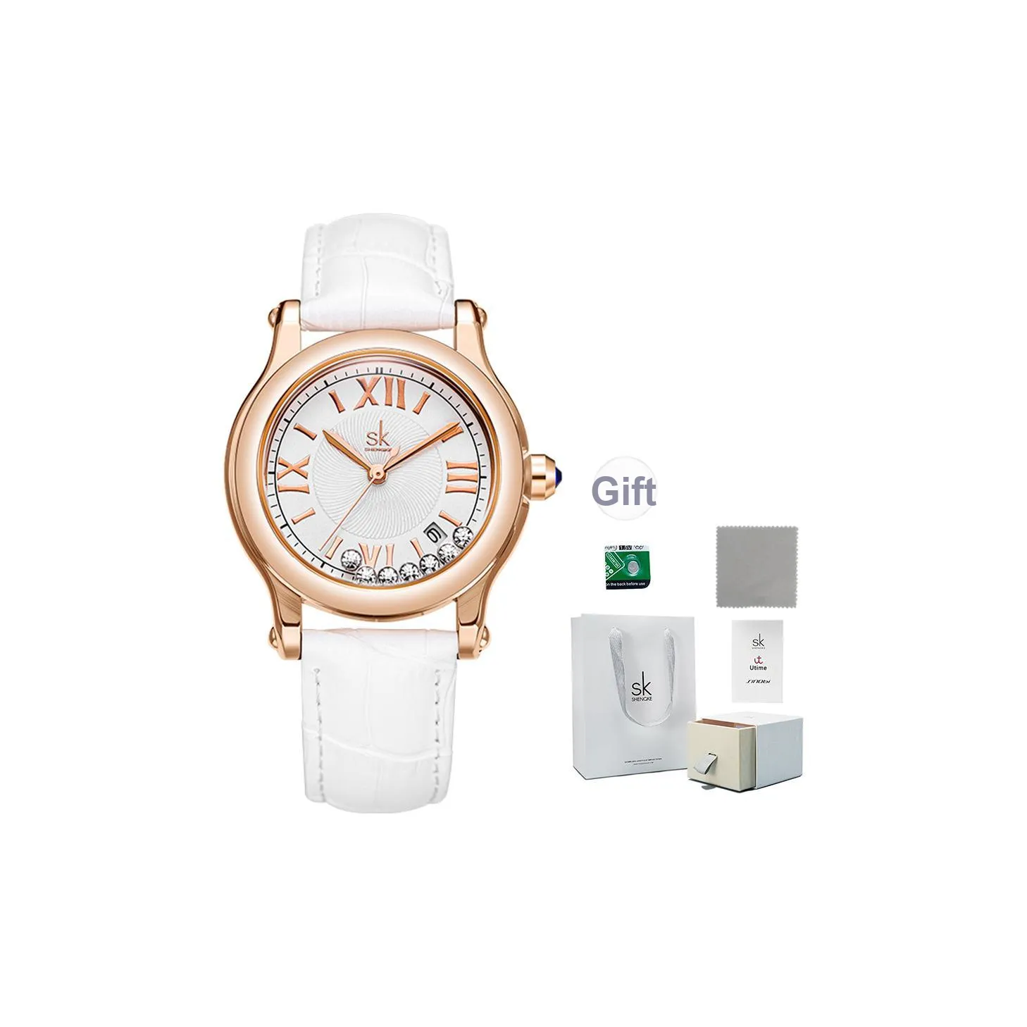 SHENGKE Кварцевый механизм ремень из натуральной кожи женские часы белый циферблат