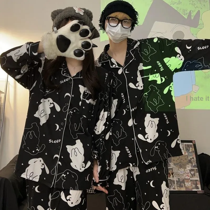 Sleep Students Dormitory Home Outerwear Ready Pajama Set Women's Black-1