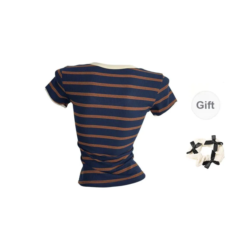XUOIZA T Shirts Women's Dark Blue Stripe+Ribbon Scrunchi Buy And Give-1