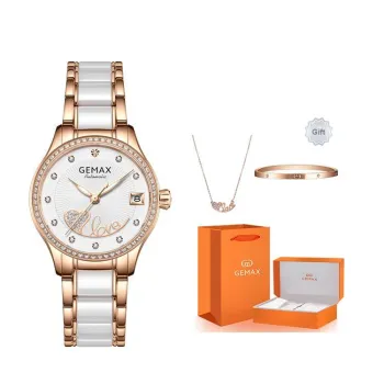 GEMAX LOVE Series Wrist Watch Automatic Mechanical Movement Ceramic Strap Watch Women's Watch White Dial