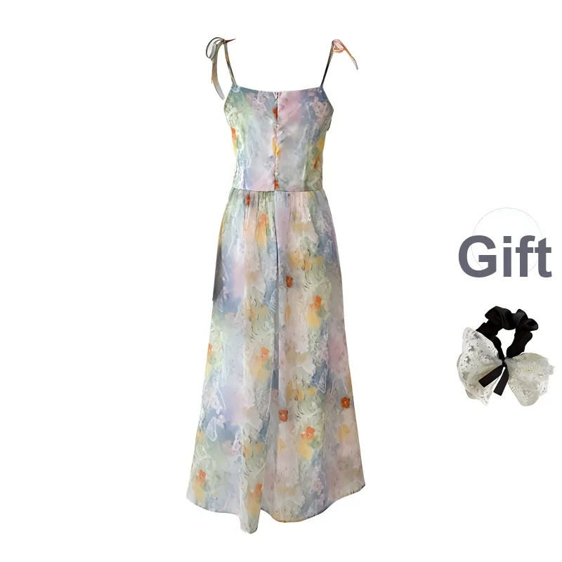 PAVEA Slip Dress Women's Oil Painting Pink Blue+Hair Tie Comes With-1