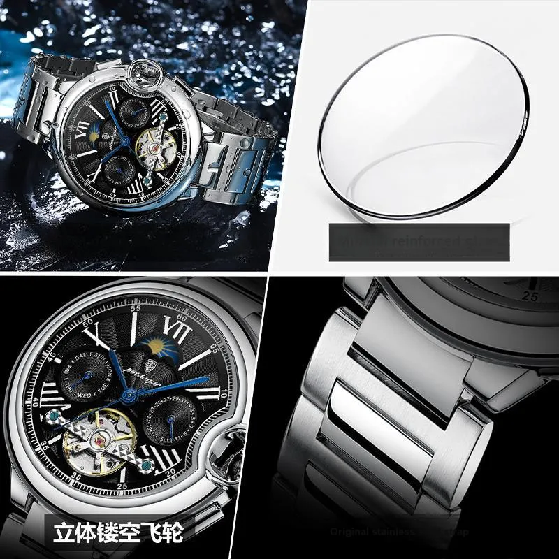 POEDAGAR Mechanical Movement Stainless Steel Watchband Men's Watches White Dial-11