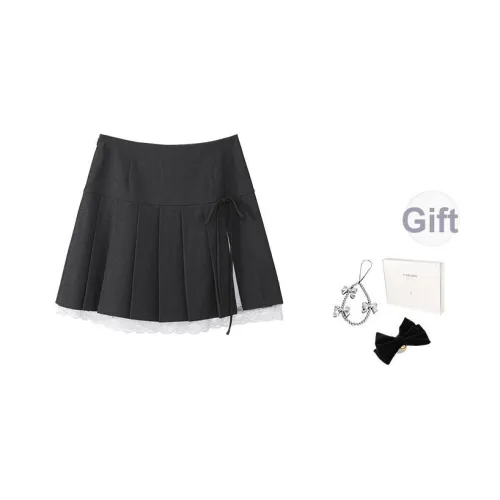 Fstudio Лето Корейский Преппи стиль Разделенный Бант Кружево Вверх Плиссированный Повседневные короткие юбки Женские