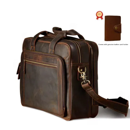 Simple&nature Cow Leather Handbag Laptop Bag Shoulder Bag Crossbody Bag Briefcase Large Size Men's Dark Brown