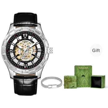 Corriberty Mechanical Movement Genuine Leather Strap Watch Men's Watches Cut Out Dial