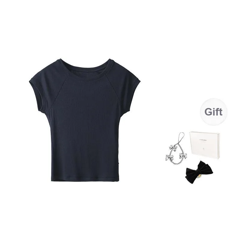 Fstudio Korean Style Solid Color Crew Neck Top Knitted Fabric Short Sleeved T Shirts Women's-3