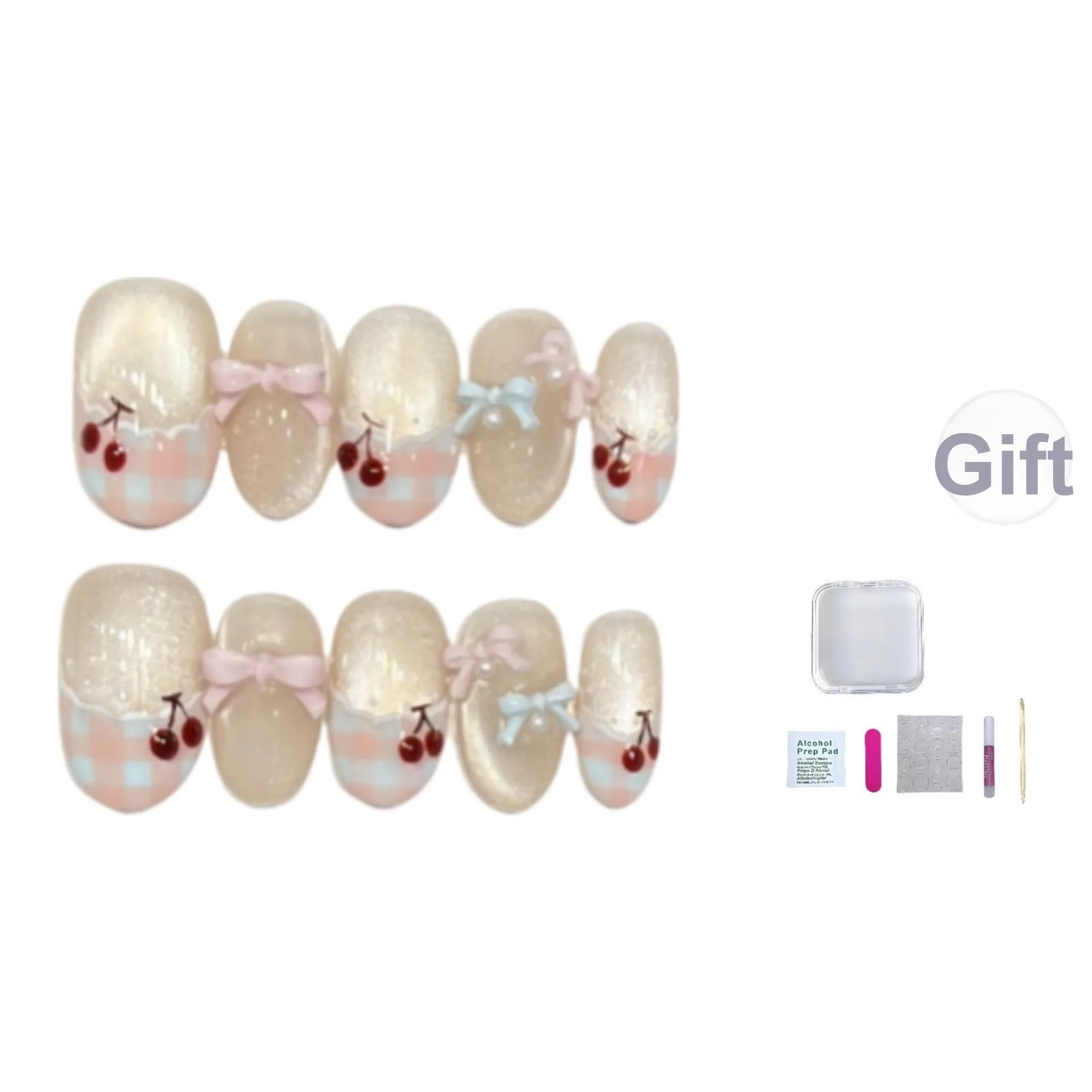 A Few More Cute Вишня Освежающий Милый Французский Кошачий глаз Наклейки для Ногтей Handcrafted False Nail Tips Овал Телесный Coquette