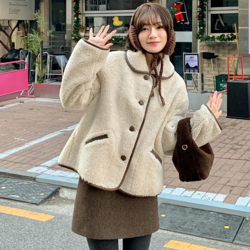 Fstudio Fall And Winter Petite Cropped Lambswool Coat Top Women's Apricot-2