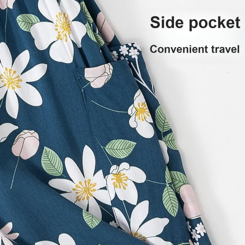 MADALLO Pajama Pants Women's Short Blue Base With Mulan Flower-3