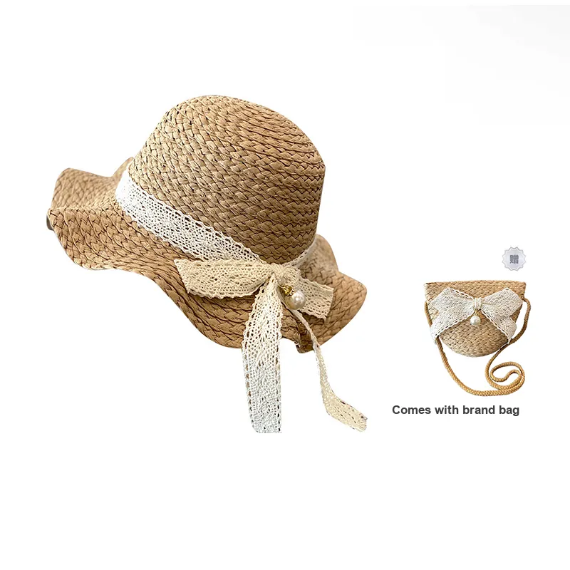 AAJF Paper Straw Summer Princess Large Brim Sun Protection Straw Hat With Sand Sun Bucket And Bag For Girls Kids'