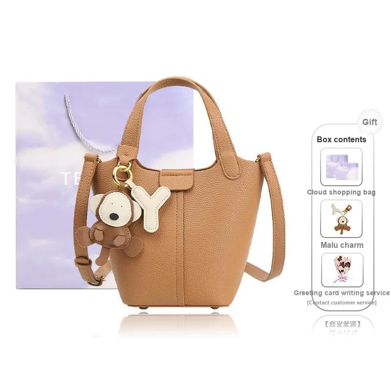 Teenmix Cow Leather Bucket Bag, Shoulder Bag, Handbag Medium Size Women's Camel/Ecru-0
