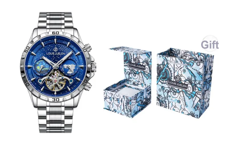 LOUIE JUELEN Automatic Mechanical Movement Stainless Steel Watchband Watch Men's Watches Blue Dial-1