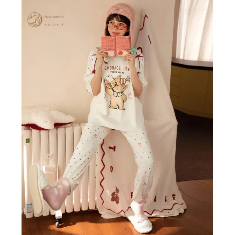 Gongdie x GANBEIXIAOGOUCHAHUA,LIANMINGKUAN Pajama Set Women's Apricot-3