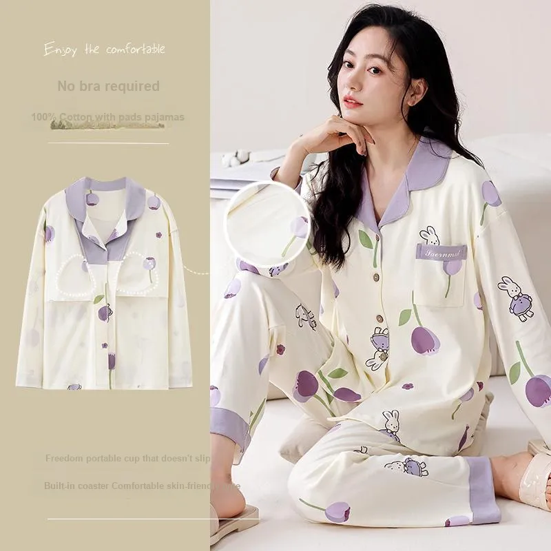 Pretty Lady Pajama Set Women's Beige White Purple Bunny-5