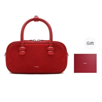 MUVA Cow Leather Fall And Winter Textured Crossbody Handbag Women's Mocha/Party Red