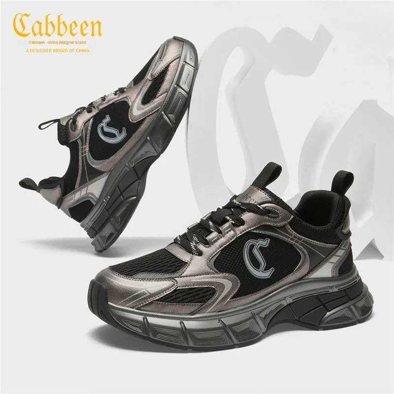 Cabbeen Trendy Patchwork Fashion Platform Height Increasing Breathable Low-Top Chunky Sneakers Men's Black-11