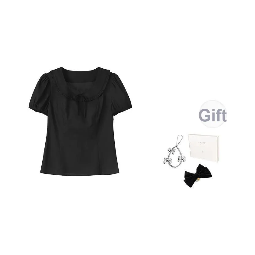 Fstudio Летний Корейский стиль Воротник Питера Пэна С рюшами на подоле С утяжкой на талии Дизайн Короткий рукав Рубашка Женская