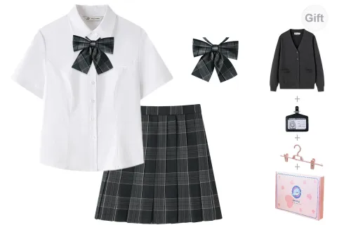 Tokyo Season Uniforms Women's Carbon Gray Cardigan+White Short-Sleeved Shirts+Black Skirt