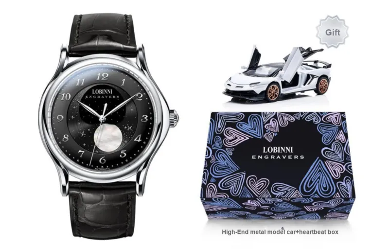 LOBINNI L Mechanical Movement Genuine Leather Strap Watch Men's Watches Black Dial-1