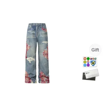 YADcrew American Vintage Comfortable Versatile Premium Design Casual Travel Jeans Unisex Free Custom Badge Set Blue