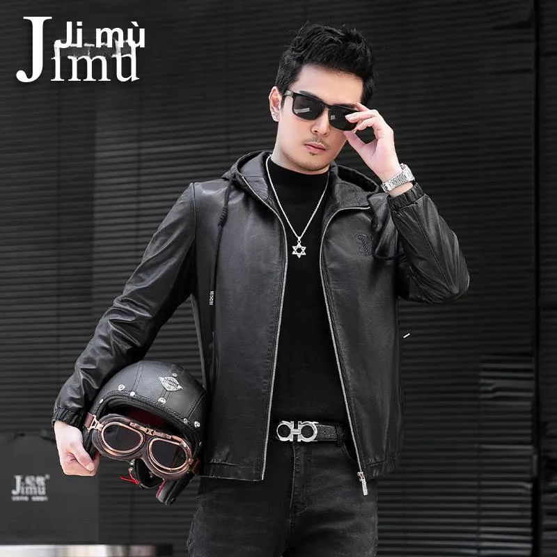JIMU Haining Genuine Leather Jacket Men's Hooded Goatskin Jacket Slim Fit Cropped Motorcycle Jacket Trendy Coat Men's-4