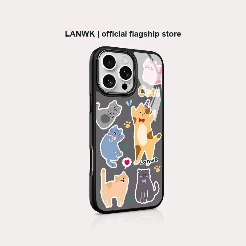 LANWK Glass Material Kitten Party Phone Case Compatible With Apple IPhone 14/15/16/Pro/Pro Max-7