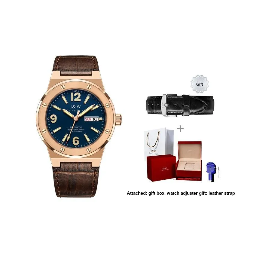 I&W CARNIVAL HWGUOJI Automatic Mechanical Movement Genuine Leather Strap Watch Men's Watches Black Dial
