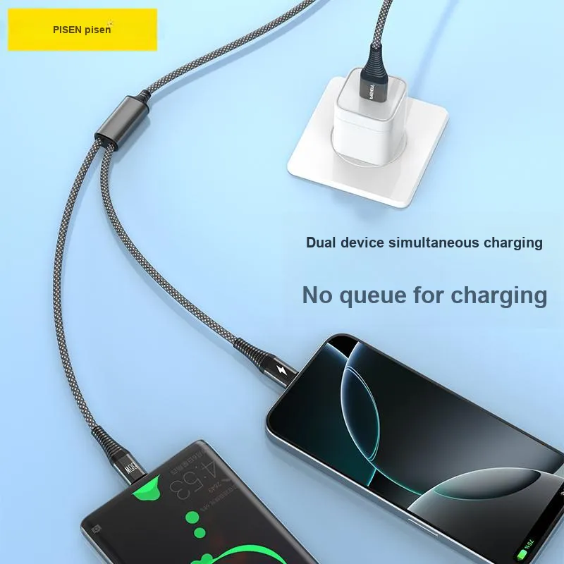 PISEN 66W 2 in 1.2m All in One Aluminum Alloy Yarn Charging Cable AP FC27 1200-2