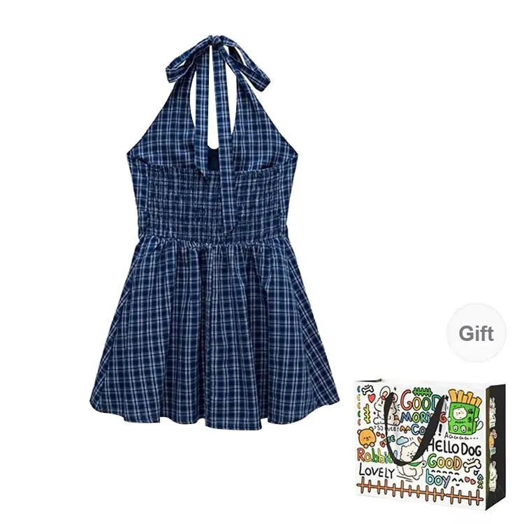 BVODE Sleeveless Dresses Women's Blue Plaid Shopping Bag-1