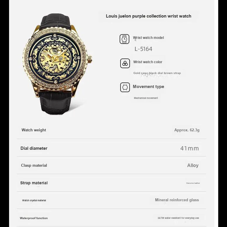 LOUIE JUELEN Mechanical Movement Genuine Leather Strap Watch Men's Watches Cut-Out Dial-3