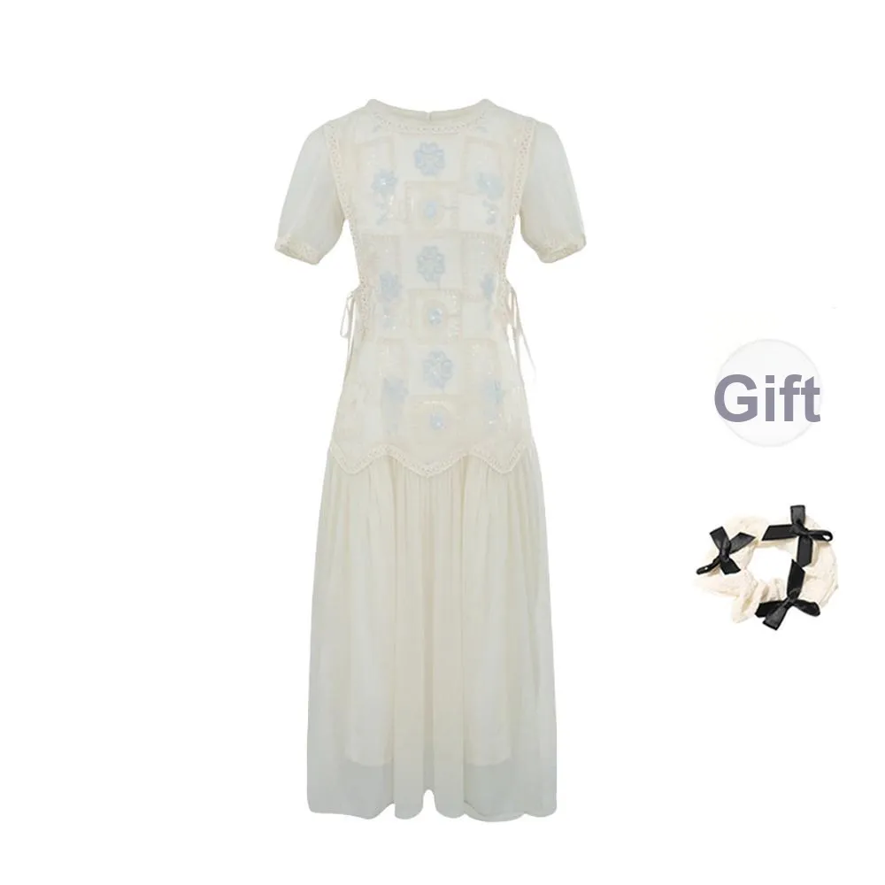 TORIGHT Short Sleeved Dress Women's Apricot+Bowknot Hair Tie Comes With