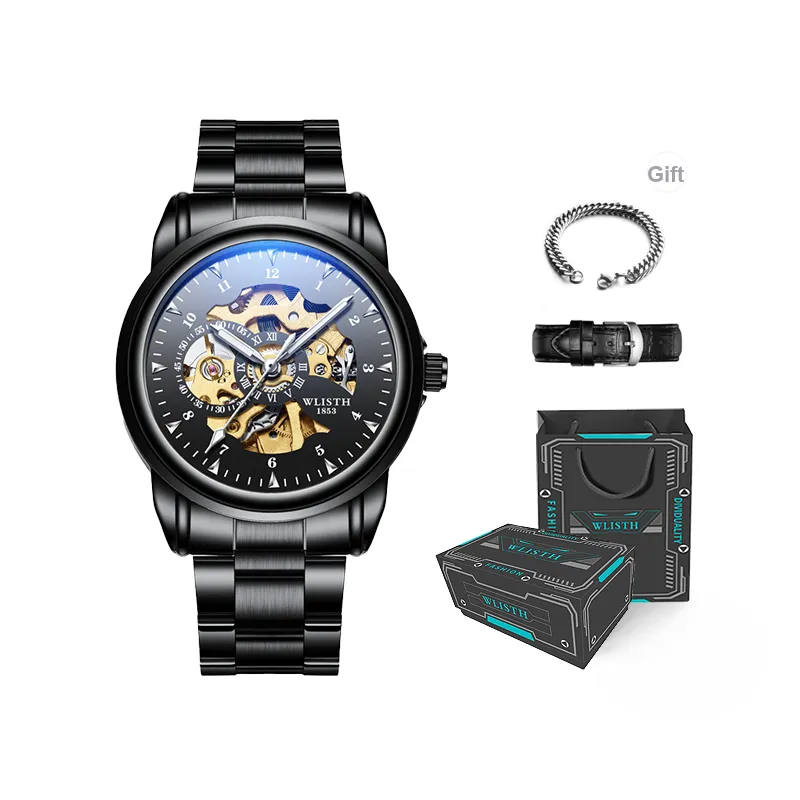 WLISTH Automatic Mechanical Movement Steel Strap Watch Men's Watches Black Dial-5