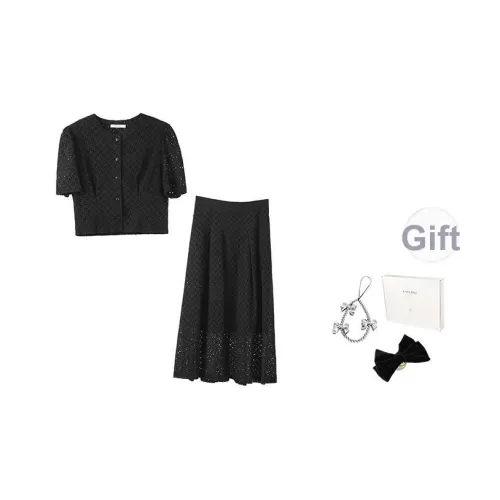 Fstudio Корейский стиль 100% хлопок Круглый вырез Короткий рукав HIGH RISE Комплект с юбкой Женские