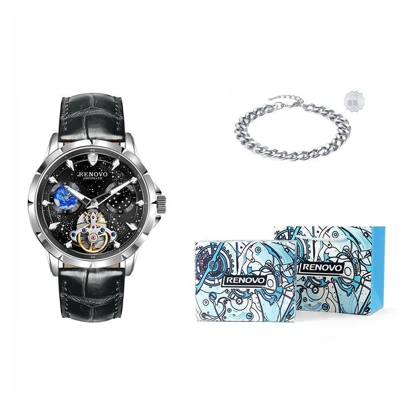 RENOVO Sea Of Stars Automatic Mechanical Movement Genuine Leather Strap Watch Men's Watches Skeleton Dial