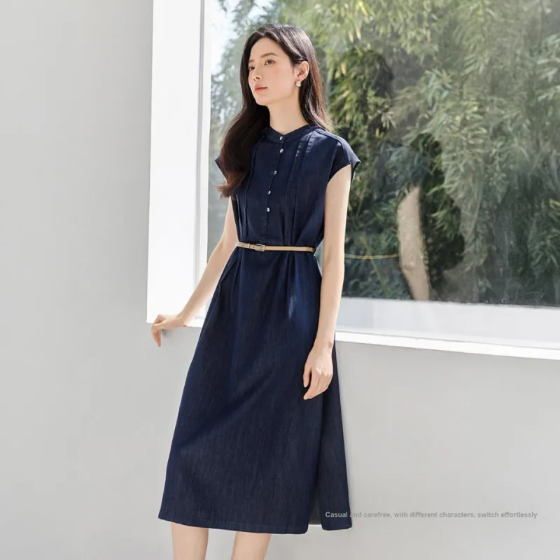 IHIMI Short Sleeved Dress Women's Denim Blue-3