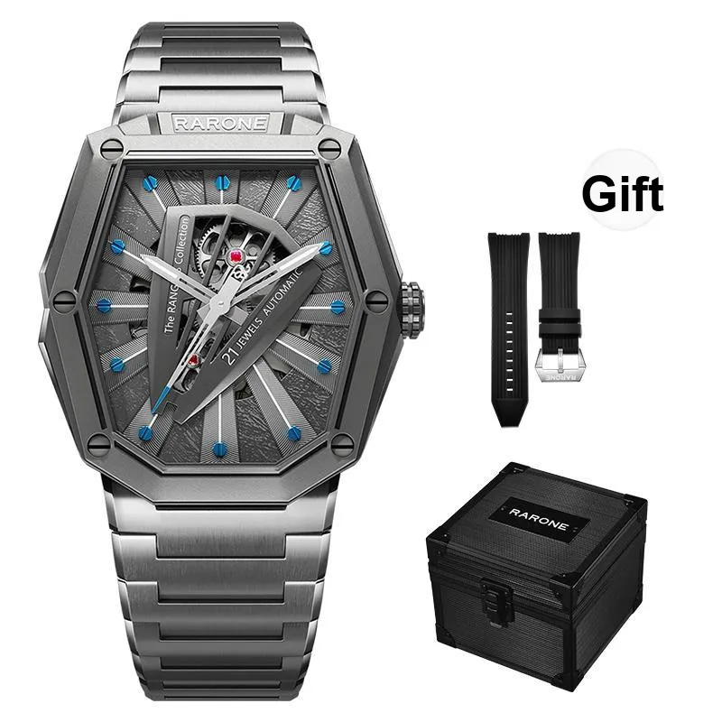 RARONE Knight Laser Knight Mechanical Movement Stainless Steel Watchband Watch Men's Watches Cut Out Dial