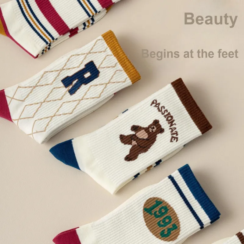 Top Melon Mid Calf Socks Women's 5 Pack Minimalist Vintage Style-6