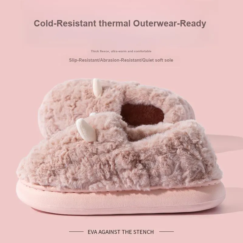 Foot Recreation 3D Effect Small Ears Solid Color Fleece Slippers Winter Home Indoor Warm Cotton Home Slippers Unisex-15