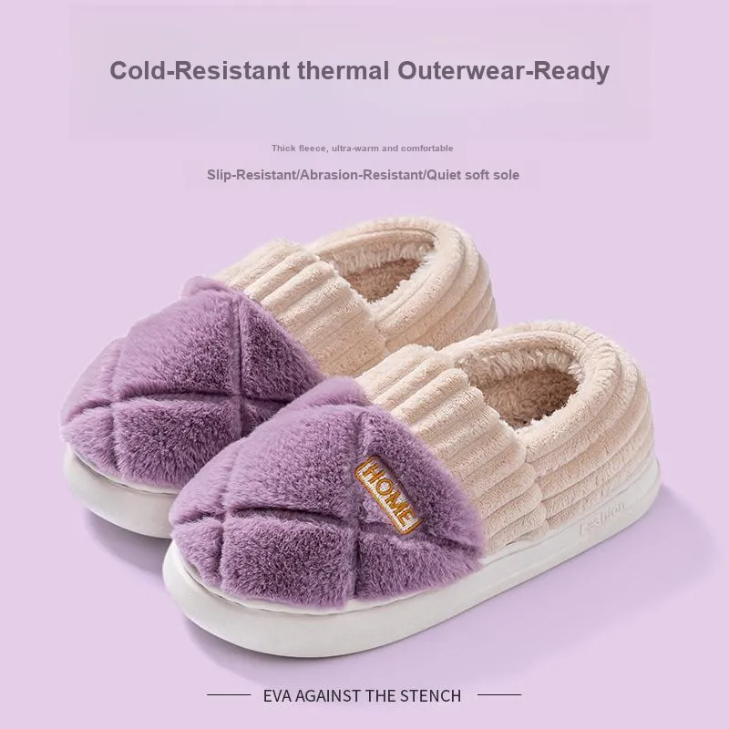 Foot Recreation Winter Solid Color Heel Covered Short Plush Platform Minimalist Style Cotton Slippers Unisex-23