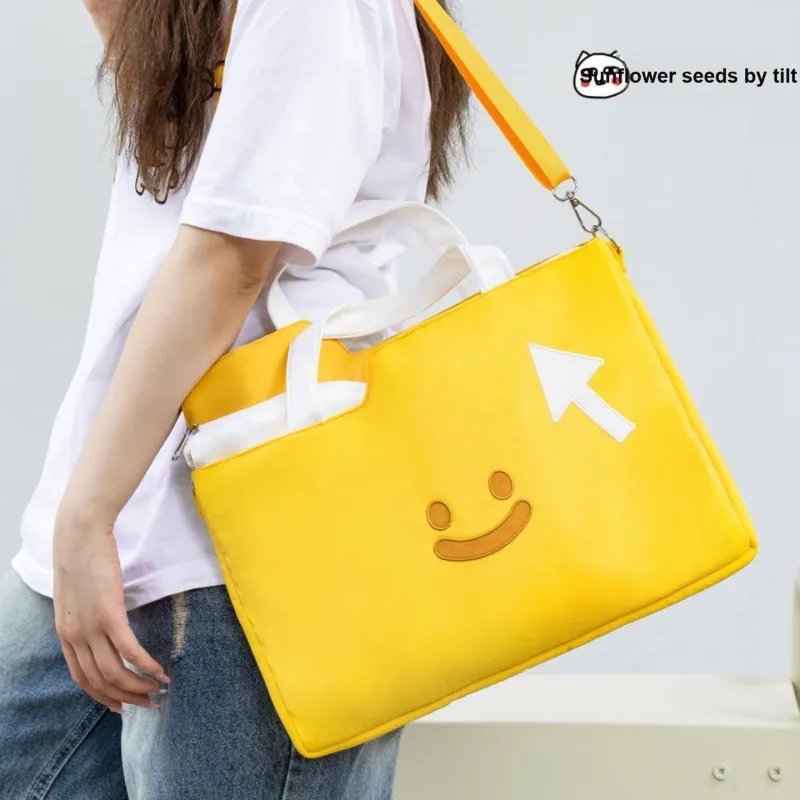 Crooked Melon Production Oxford With PU Leather Crossbody Bag, Shoulder Bag Unisex Yellow White-2