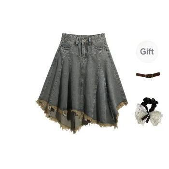 PAVEA Denim Long Skirts Women's Distressed Color+Belt+Hair Tie Comes With